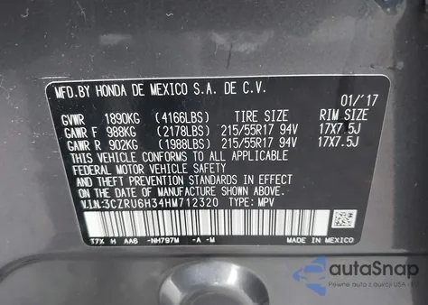 2017 Honda Hr-V Lx из США, поврежденный, VIN 3CZRU6H34HM712320